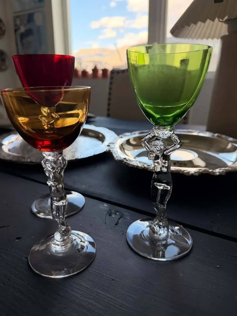 Cambridge Glass Statuesque Nude Lady Stem Multicolor Wine Cocktail Glasses of 3